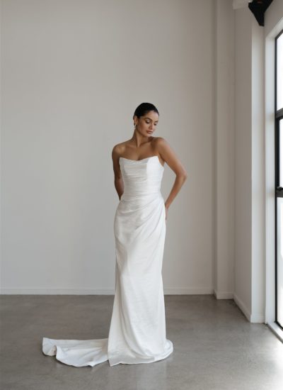 Ruched crushed satin strapless wedding dress Adelaide